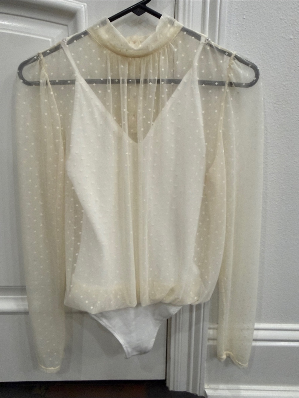 Free People Ivory Sheer Polka Dot Long-Sleeve Bodysuit